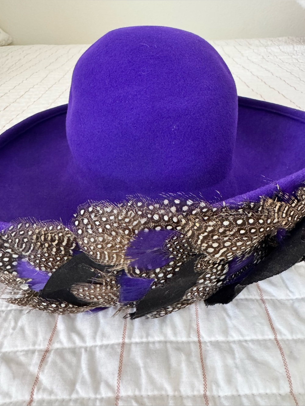 Vtg Mr. John Classic Purple Wool Felt Wide Brim Hat Quail Feather Made In USA